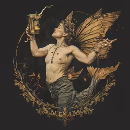 the artwork features a male figure holding a beer