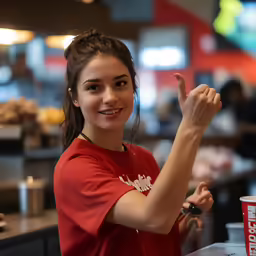 the girl poses with her hand up at the table