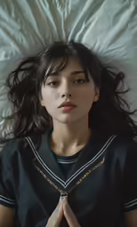 a woman laying in bed with her hands folded over her chest