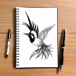 drawing a bird with a sharp knife is shown,an ink drawing of a bird on a piece of paper