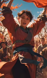 a young boy standing in a field in front of a group of people