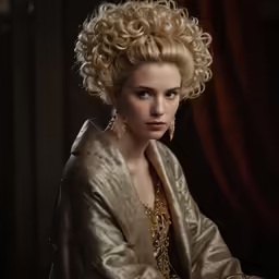 woman in a golden gown with a very long curly blonde hairstyle