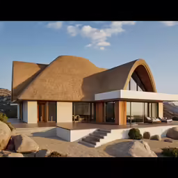 the exterior of a home with a thatched roof
