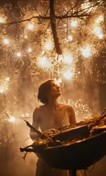a woman in a white shirt is sitting on a hill in the woods