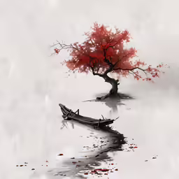 a painting of two small boats under a tree with red leaves on them