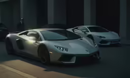 this is an image of a silver lamb sports car driving down the street