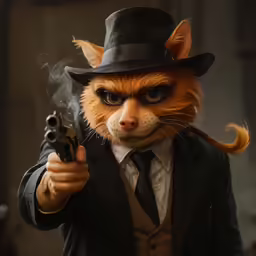 a cat dressed in an overcoat holding a gun