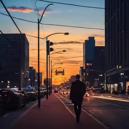 man walking on sidewalk in urban area with traffic