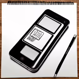a drawing of a cell phone in black and white on a piece of paper