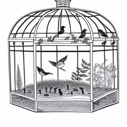 birds in a cage with plants and other animals,a cage with birds inside that is filled with plants and other things,a small bird in a cage inside of it,birds sit inside of an empty bird cage,a cage with birds in it, and an image of the inside of it