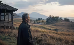 a man in a black jacket is looking to his left