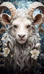 a sheep with long hair standing next to trees
