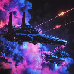 a space ship flying in the sky at night