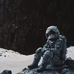 a man in snow gear sitting on top of a snow covered slope