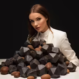 the girl is posing in front of a pile of dark chocolates