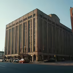 a very tall building with cars and people in it