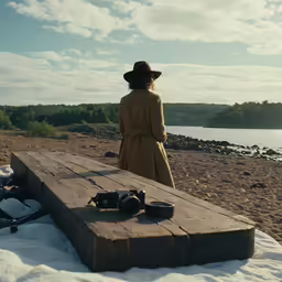 the person is standing at the edge of the lake