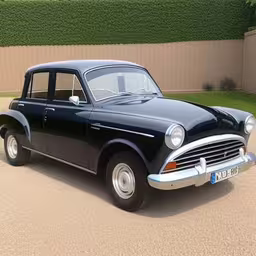 a classic car is parked in a driveway,an old classic car is parked near the fence