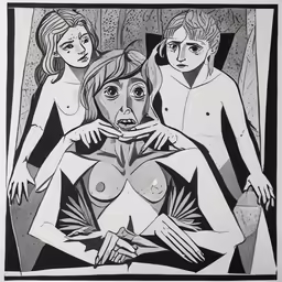 black and white ink drawing of two nude women
