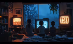 two girls watch the television in the bedroom