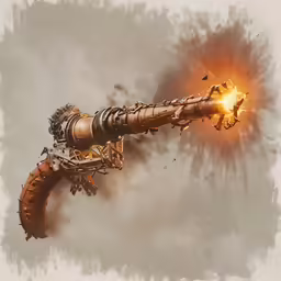 two gun with orange and yellow flames in the sky