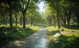 a shaded dirt road in an open grassy area
