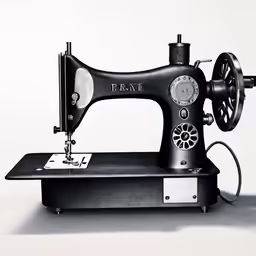 an antique black sewing machine with a thread spool