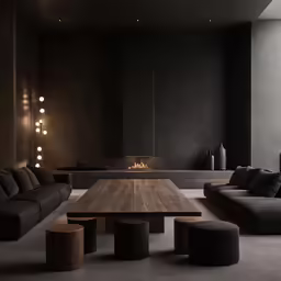 large contemporary living room with wood table surrounded by black seats