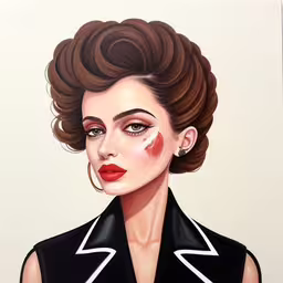 this is a picture of a woman wearing a black jacket and makeup,a painting of a woman in a black jacket,a painting of a woman in black and white with brown hair and bright makeup,a painting of a woman in a suit,a woman in an artistic painting with makeup