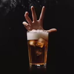 hand out with smoke rising out from a beer glass