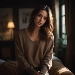 a beautiful woman sitting on a couch in a room