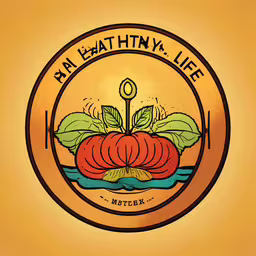 the emblem for a healthy, tasty looking meal,there is a picture of an apple with the words healthy life