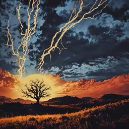 a beautiful photo of a tree with lightning streaks