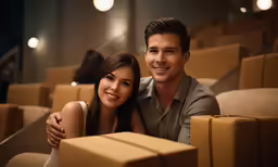 a man and a woman sitting on top of some boxes