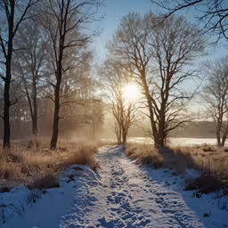 a trail leads through a snowy field towards a forest