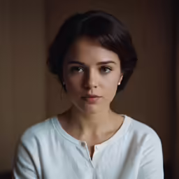 the young woman is wearing a white shirt and looking at the camera