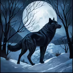 a wolf in the snow near a mountain at night