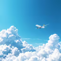 the airplane is flying through the blue sky