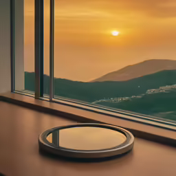 the view from inside a room at sunset