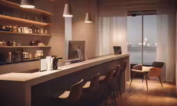 an empty counter in a restaurant with several bar stools