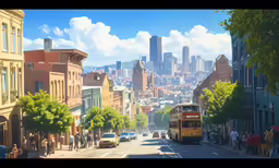 people standing in the median of a street with a yellow bus