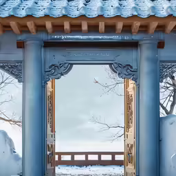 a blue gate with white doors and snowy trees