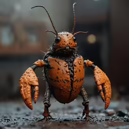a toy of an orange bug that is standing on some dirt