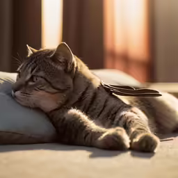 a cat laying on top of a bed with pillows