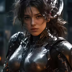 a woman wearing armor and standing in a dimly lit room
