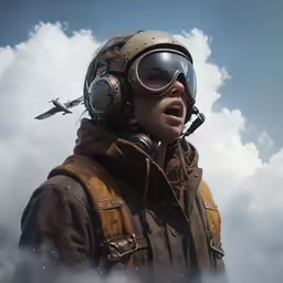 a pilot is on the ground in front of clouds