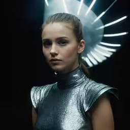 a girl with her head down is wearing a futuristic dress