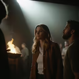 a group of people standing around a light