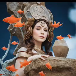 the image is of a woman with a head piece, holding a lantern in her hand, surrounded by goldfish