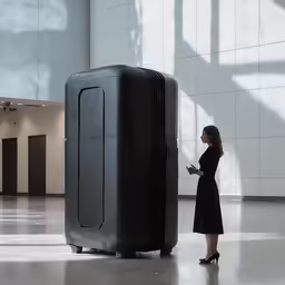 a woman checks her cell phone while standing next to a suitcase